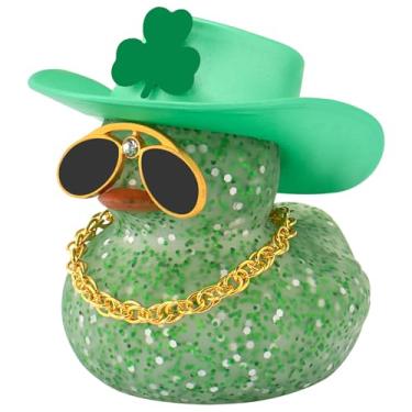 Imagem de wonuu Pato de borracha para carro de Dia de São Patrício, decorações de painel, chapéu de trevos verdes, pato para enfeites de carro, acessórios de patos (chapéu verde, corrente dourada, pato com
