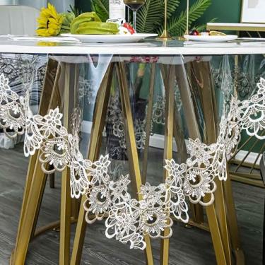 Imagem de JEGPWBKT Toalha de mesa impermeável de plástico transparente, toalha de mesa retangular com macramê de renda, à prova de derramamento de óleo, capa de mesa para mesas de jantar, festas e feriados