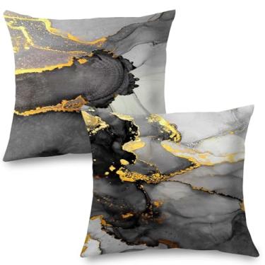 Imagem de Supwhd Capas de almofada de mármore preto cinza e dourado 45,7 x 45,7 cm, capas de almofada decorativas modernas abstratas para sala de estar, quarto, decoração de casa moderna, decoração preta e