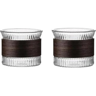 Imagem de Jogo de Copos de Vidro com Alça em Madeira, Estilo Japones, Oriental, Copo para Drinks, Saque, Whisky, Bebidas. 130 ML