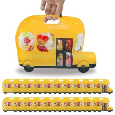 Imagem de AOKELEON 20 peças de sacolas amarelas de brinde de ônibus escolar, sacos de doces de plástico com alça resselável, Ziplock com parte inferior em pé, volta às aulas, lembrancinhas de aniversário, para