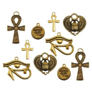 Imagem de Fire Phoenix Designs Conjunto de pingente egípcio 10 peças cruz Ankh banhada a ouro antigo, olho de Hórus, coleção escaravelho besouro CC07112023, 0.75 Inches To 1.25 Inches, Liga de aço, Sem Pedra