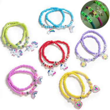 Imagem de Lorfancy 12 peças de pulseiras infantis com contas para meninas que brilham no escuro, pulseiras de princesa, unicórnio, arco-íris, joias fofas, pulseiras elásticas da amizade, lembrancinhas de festa,