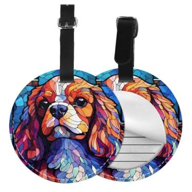 Imagem de Arte de vidro colorido King Charles Cavalier 2 peças de etiqueta de bagagem para mala, etiquetas de bolsa de nome, identificadores de bagagem redonda com capa de privacidade, etiqueta de identificação