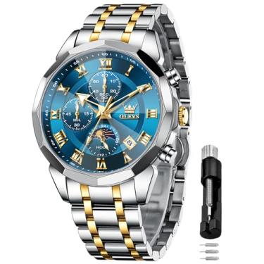 Imagem de OLEVS Relógio masculino cronógrafo de aço inoxidável com mostrador de data e fase da lua – Relógio de pulso de quartzo à prova d'água com mostrador grande de 43 mm, vestido luminoso, para homens,