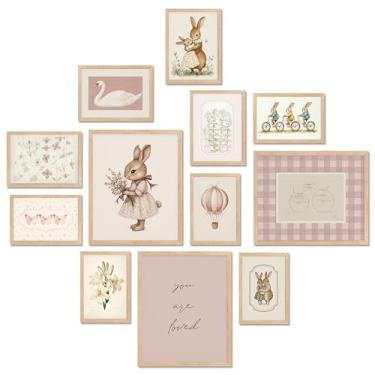 Imagem de TwoDays Decoração vintage de berçário para meninas, arte de parede de coelho rosa para sala de jogos infantil, pôsteres de animais cisnes para quarto (vários tamanhos, conjunto de 12, 8 × 10 maiores