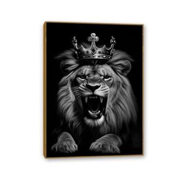 Imagem de SDYJ6GSW Arte de parede com estampa de leão animal coroa dourada quarto arte feroz leão leoa decoração de quarto 42 x 30 cm (17 x 12 pol) moldura teca