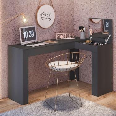 Imagem de Escrivaninha Penteadeira Camarim De Canto Com Espelho Jade Preto Fosco Liso - Mabe Magazine