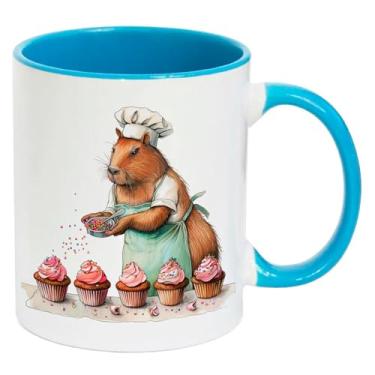 Imagem de Caneca Branca Interna Alça Azul Claro Porcelana - CAPIVARA MAMAE BOLO 1