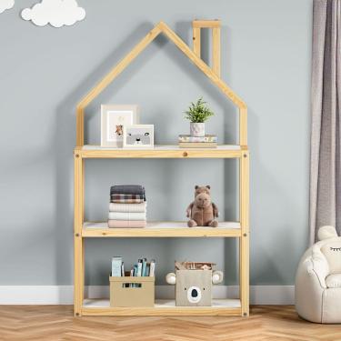 Imagem de Estante Multiuso Quarto Infantil 3 Prateleiras Montessori Natural Branco Lenise