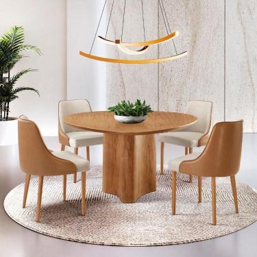 Imagem de Sala De Jantar Mesa Selene 135cm Madeira Tampo Laminado Linho Off/ Star Caramelo/ Imbuia Nat.