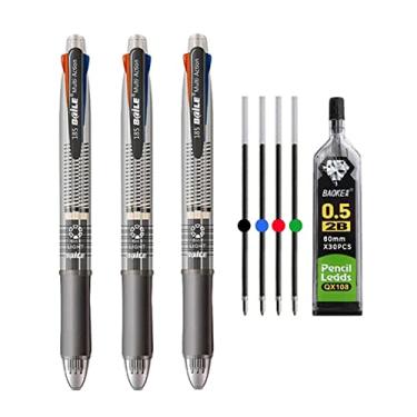 Imagem de MROOFUL Caneta esferográfica multicolorida 5 em 1, ponta média, 1,0 mm, lapiseira de 0,5 mm, 4 cores, multifuncional, pacote com 3 canetas esferográficas retráteis (cinza)