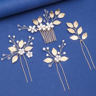 Imagem de 4 peças de alfinetes de cabelo feitos à mão com flor de noiva para casamento, folha de cristal, pentes laterais de cabelo em forma de U, acessórios de cabelo de casamento dourados ou noivas damas de