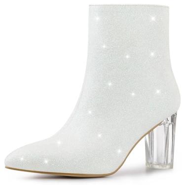 Imagem de Allegra K Botas femininas de cano curto com glitter e salto bloco transparente, Branco, 37