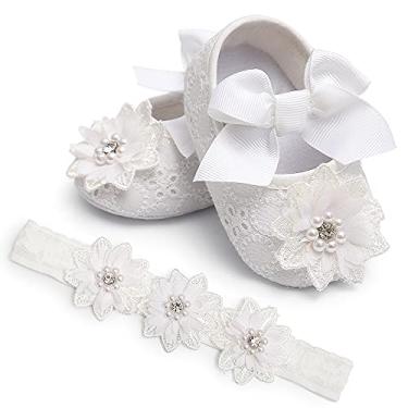 Imagem de QWZban Sapatilhas Mary Jane para bebês meninas com laço de flores macias para recém-nascidos, primeiros andadores, berço, festa de casamento, Natal, sapatos sociais, Ab4 branco, 12-18 Months Toddler