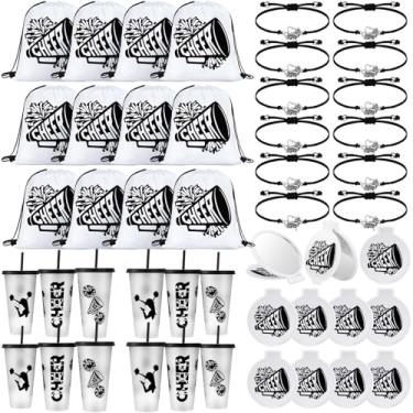 Imagem de Zhehao 48 peças de presentes de líder de torcida a granel para presente de líder de torcida da equipe, inclui 12 copos de plástico com tampa e canudo, sacos de cordão, pulseiras, espelhos compactos