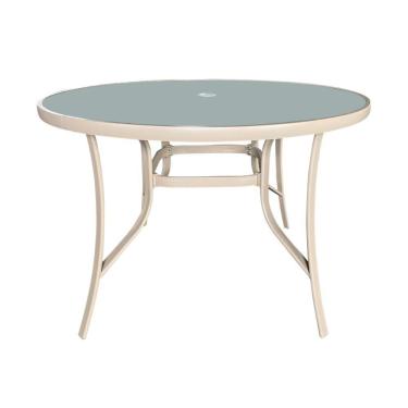 Imagem de Mesa Redonda Arpoador Macaé Fratini 107 Cm Largura Alumínio Fendi Tampo De Vidro Com Furo Central