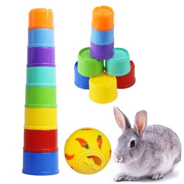 Imagem de PKEAFC Pacote com 9 copos empilháveis de coelho e guloseimas de coelhinho multicoloridos, 8 tamanhos, brinquedos de coelho para coelhos, porquinho-da-índia, pequenos animais, brinquedos de