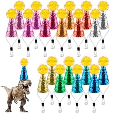 Imagem de BOXOB 20 mini chapéus de festa de aniversário para animais de pelúcia, design de banda elástica, chapéus de festa de cone minúsculo com glitter para aniversário, brinquedos, animais, cães, gatos