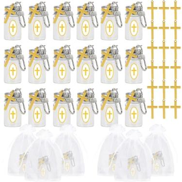 Imagem de JarThenaAMCS 24 peças de lembrancinhas de batismo de garrafa sagrada com sacos de organza, adesivos de cruz dourada, 7 ml, recipiente sagrado de vidro vazio, garrafa de água para presentes de batismo