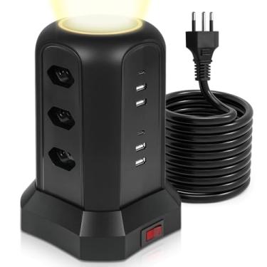 Imagem de Torre de Tomada, 9 Tomadas, 4 Interfaces USB, 2 Porta USB Tipo-C, Suporte a Tensão de 100-250V, Potência de 2500W