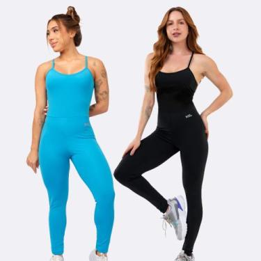 Imagem de Kit 2 Macacão Fitness Blackout Alcinha Slim Zero Transparência Longo E