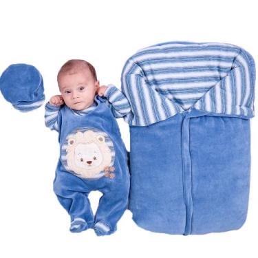 Imagem de Saída de Maternidade com Porta Bebê Menino Leão Bordado Azul 04 Peças 