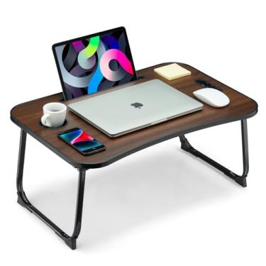 Imagem de VIFOCAE Mesa de colo dobrável, mesa para laptop, mesa de colo portátil, mesa de cama para laptop com suporte de copo e compartimento para tablet e alça de elevação para trabalhar, escrever, desenhar e