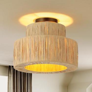 Imagem de Karjearl Luminárias de teto Boho Rattan, 32 cm 1-Light Raffia Drum Semi Flush Mount Lights Hand Woven Coastal Ceiling Lighting for Hallway Bedroom Kitchen