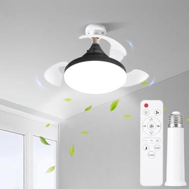 Imagem de Ventiladores de teto pretos pequenos UFO de 43 cm com luzes e controle remoto, luz de ventilador com lâminas invisíveis e extensor de um soquete, 3000K-6500K, base E27 para quarto, sala de estar