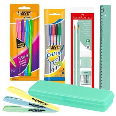Imagem de Kit Escolar Voltas Aulas Tons Pastéis Rosa ou Verde 17pcs com Estojo C