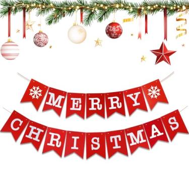 Imagem de 2 peças, faixa de Feliz Natal, placa de Feliz Natal, pré-montada, branca, vermelha, guirlanda de Natal, decorações penduradas para artigos de festa de Natal, decoração de casa (vermelho)