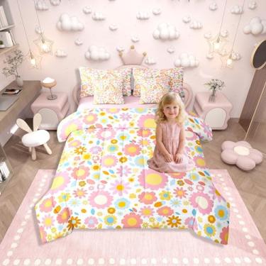 Imagem de Erosebridal Jogo de cama casal com edredom floral, 7 peças, boêmio, jardim, arco-íris, desenho rústico, rosa, amarelo, leve, em uma bolsa