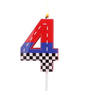 Imagem de SAVITA Velas Aniversário com Tema Corrida, Decoração de Bolo com Tema Jogo de Corrida em Preto e Branco Xadrez Vermelho e Azul Adequado para Meninose Meninas (Número 4)