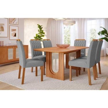 Imagem de Sala De Jantar Completa Valentina Tampo Madeirado 180x90cm E 6 Cadeiras Paola Cinamomo - Carvalho/linho Grafite - Cimol