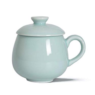 Imagem de Amoysanli Caneca de café de cerâmica, caneca de água, copo de chá de porcelana com tampa para escritório e casa (azul claro)