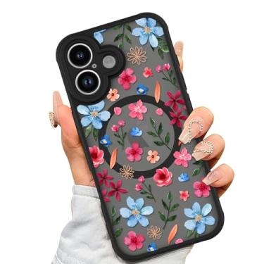 Imagem de AIGOMARA Capa Magnética Feita para iPhone 17 [Compatível com MagSafe] Linda Flor Rosa Azul Padrão Floral TPU Macio Amortecedor Rígido PC Traseira Antiqueda À Prova de Choque Capa Fina para Mulheres e