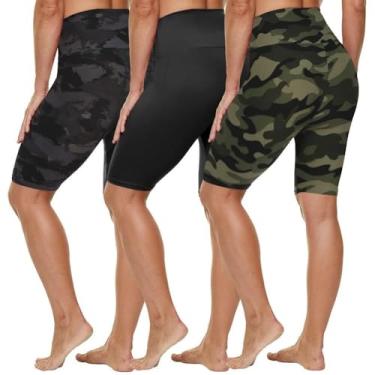 Imagem de HLTPRO Pacote com 3 shorts de motociclista plus size com bolsos para mulheres (P-4GG)- Shorts de cintura alta com controle de barriga de 20,3 cm/12,7 cm para ioga, Preto/Verde Camuflagem/Preto