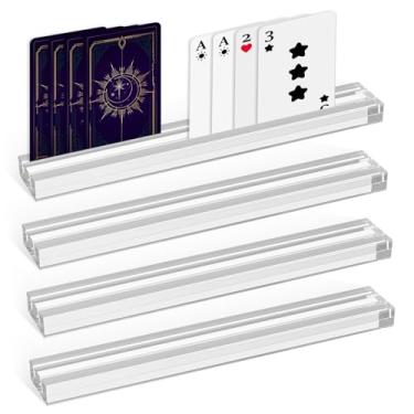 Imagem de 4 suportes de cartas de jogo de acrílico transparente com base dupla ranhura para uso na mesa, ideal para jogos de cartas multijogador
