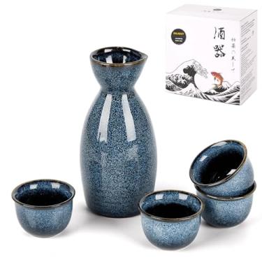 Imagem de DUJUST Conjunto de 5 peças de saquê japonês, conjunto de saquê de porcelana com esmalte alterado em forno, 1 frasco, 4 xícaras e 1 caixa de presente, jarra quente, conjunto especial de presente
