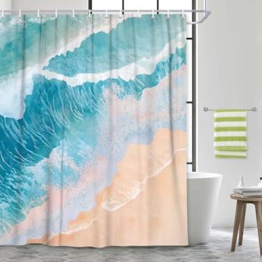 Imagem de Cortina de chuveiro de praia com ondas oceânicas para decoração de banheiro, verão, litoral, litoral, praia, ondas, decoração de banheira, cortina de banho, paisagem marítima, natureza, paisagem