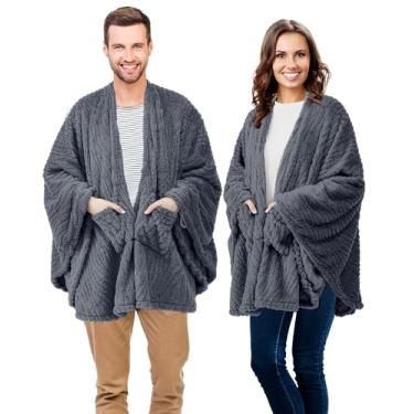 Imagem de Breathffy 2 mantas de inverno com bolsos 137 x 162 cm de lã aconchegante xale macio capa de pelúcia para sofá e viagem, Cinza escuro, Fluff Polyester