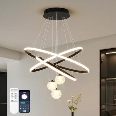 Imagem de ORANOOR Lustres LED modernos de 3 anéis para sala de jantar, luminária pendente de cozinha regulável de 61 cm, luminárias pretas para sala de jantar no teto penduradas sobre a mesa, lustres redondos