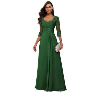 Imagem de Vestido Loyeloy Verde Esmeralda de renda Mother Bride com mangas