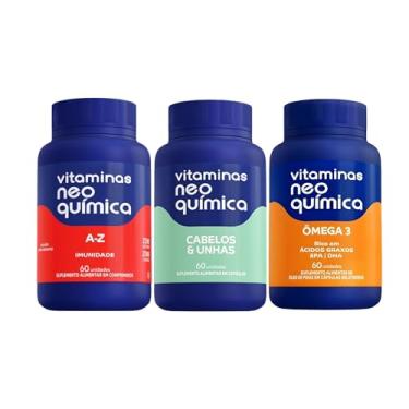 Imagem de Kit Vitaminas Neo Química A-Z + Cabelos e Unhas + Ômega 3 – 60 Cápsulas Cada (3 Frascos)