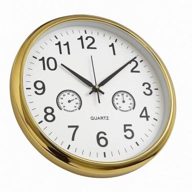 Imagem de Relógio Analógico De Parede Termômetro E Higrômetro Decorativo Design Elegante Ambientes Casa Sala Dourado