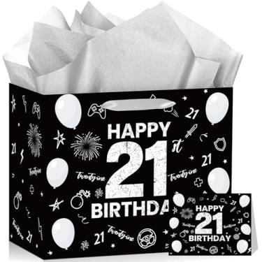 Imagem de Bolsa de presente de feliz aniversário de 10 anos para meninos e meninas, bolsa de presente com 10 dígitos com papel de embrulho, cartão de felicitações, preto, prata, decorações de aniversário de 10