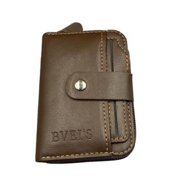 Imagem de Carteira masculina dobrável de couro minimalista fina com bloqueio de RFID com zíper e porta-cartão de crédito com janela para identidade, Marrom escuro, Carteiras de porta-cartões