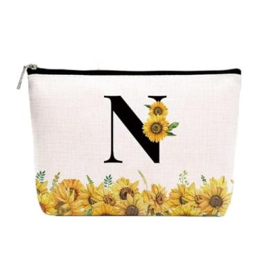 Imagem de Bolsa de maquiagem inicial personalizada, monograma girassol bolsa de maquiagem de higiene pessoal fofa bolsa de cosméticos bolsa organizadora de maquiagem dia das mães casamento presentes de