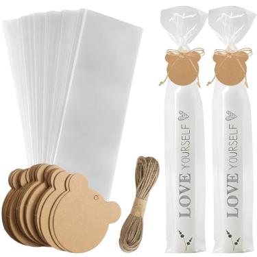 Imagem de 100 sacos de celofane cordão transparente para presente 10 m, 50 peças de etiquetas de papel kraft em conjuntos de ursos para chocolates, velas, doces, casamentos, biscoitos, flores, Natal